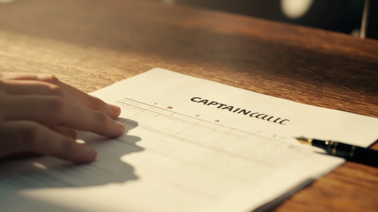 A close editorial view of a printed captain call sheet resting on a wooden desk, with four numbered decision lines beneath a small headline