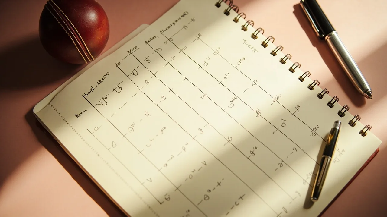 An overhead editorial photograph of a fantasy XI grid drawn on a ruled notebook page with eleven boxes in formation and small ticks beside several of them