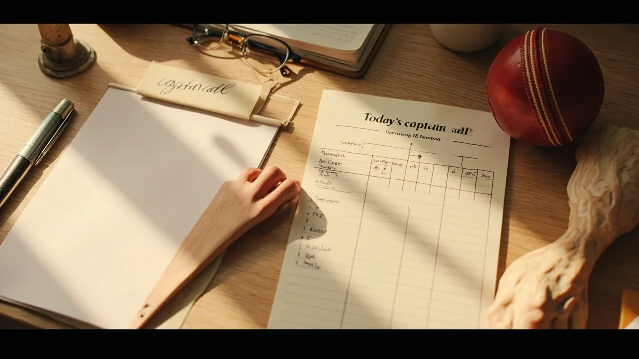 A newsroom desk with a printed captain call sheet on the left and a hand-drawn fantasy XI grid on the right, photographed from above
