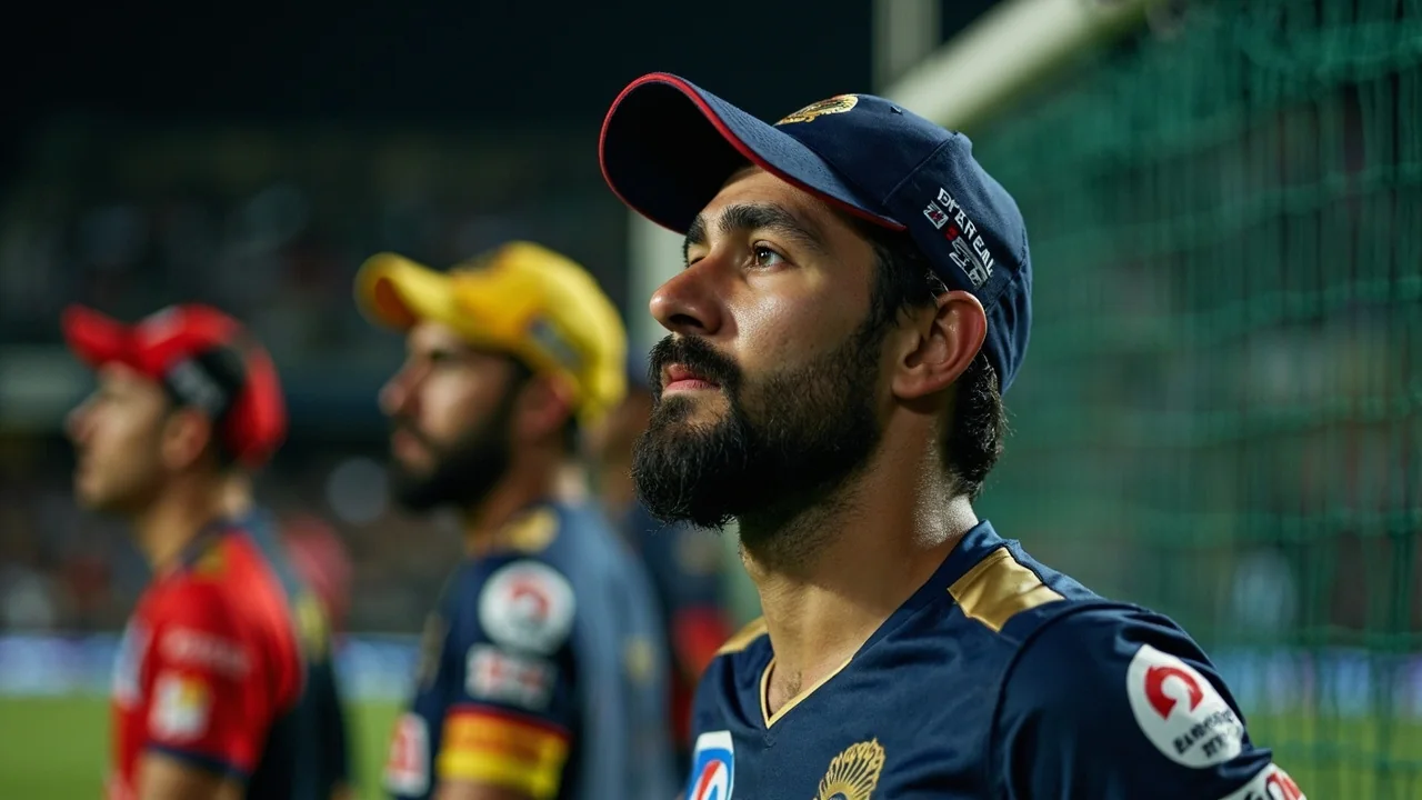 A tight sideline action frame of a bowler in mid-delivery stride at a Twenty20 fixture, with shallow depth of field
